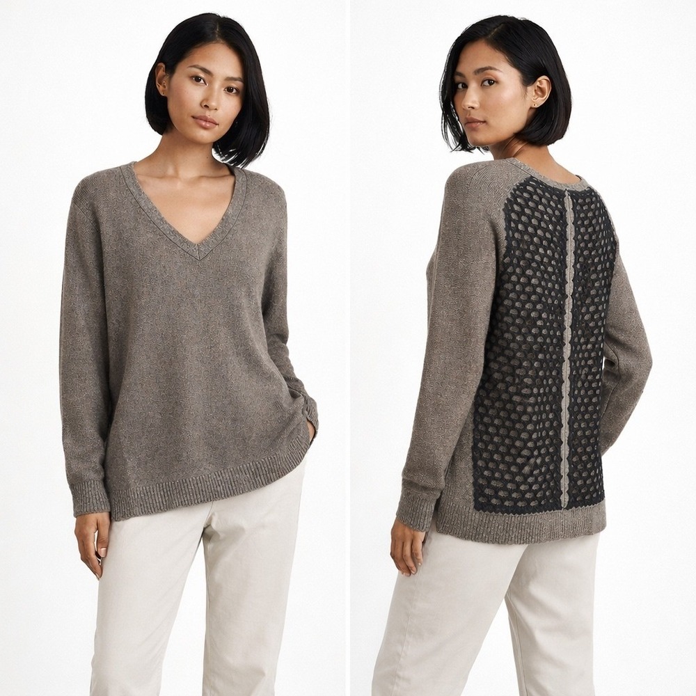 360 Sweater Womens Open Knit Back Panel Lambswool Blend Taupe L Minimalist Luxe